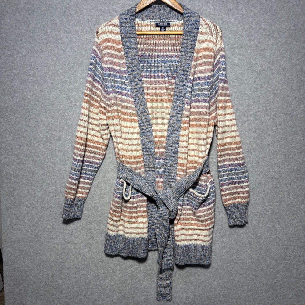 Lands End Womens 1X Striped Belted Open Front Cardigan Sweater Blue Orange Cream